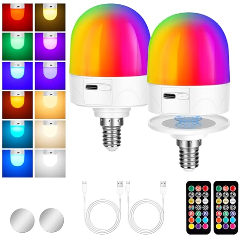 AUAUY Bombilla Recargable E14 3 W, Base Magnética Desmontable, 9 RGB, 3 Colores de Temperatura Regulables Temporizadores, con Control Remoto para Dormitorio Camping (Paquete 2)