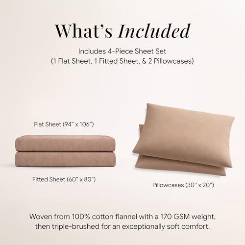 Image of Tribeca Living Triple Brushed Soft Cotton Flannel Sheets Set, Queen Size 170-GSM Weight Extra Deep Pocket Sheet in Solid Cashmere Color
