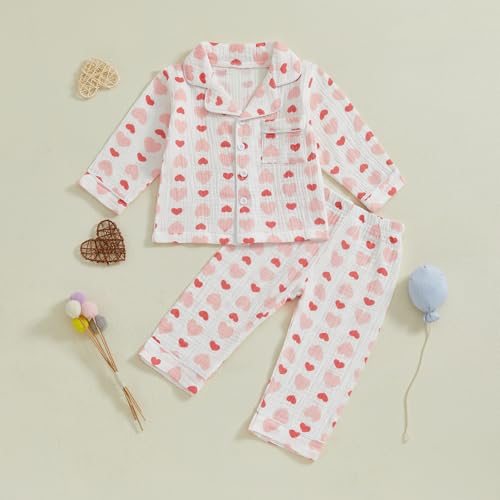 Toddler Boy Girl Valentines Pajamas Cute Heart Print Long Sleeves Shirt and Elastic Pants Loungewear Sleepwear2