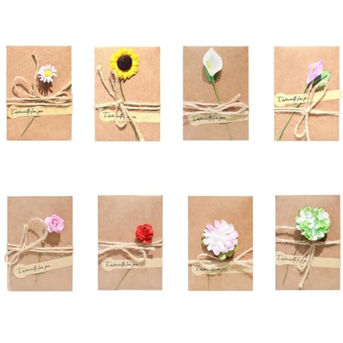 8 Tarjetas de Felicitación Retro Kraft con Sobres, Decoradas con Flores Secas Hechas a Mano, Postales en Blanco para Navidad/Cumpleaños/San Valentín, Incluye Tarjetas de Agradecimiento