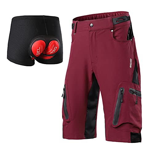 ARSUXEO Pantalones Cortos de Ciclismo para Hombre Pantalones Cortos MTB de Ajuste Holgado Parte Inferior para Deportes al Aire Libre Repelente al Agua con 7 Bolsillos 1202 001B Rojo L Cover