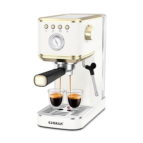 CHULUX Slim Espresso Machine with Milk Frother, 20 Bar Professional Italian Pump Espresso Coffee Machine for Home Cappuccino & Latte Maker, Stainless Steel, White and Gold