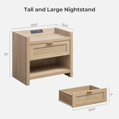 Image of SICOTAS Rattan Nightstands Set of 2 Bedside Table - Boho Night Stand with Type-C Charging Station, Wicker Decor Drawer Storage End Table Night Stands for Bedroom - Light Oak