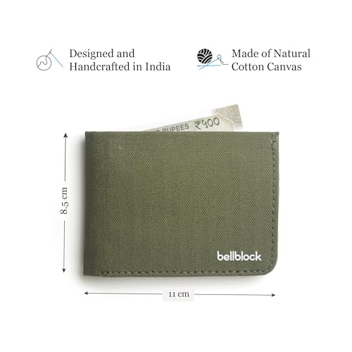 Image of Bellblock Slim Sleeve Canvas Wallet for Men /Women | Minimal Handcrafted Bifold Wallet | with Sim, Mobile Pin & Hidden Extra Card Slots | Olive Green