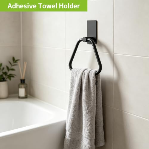 Image of SetSail Adhesive Towel Holder for Bathroom Wall, Matte Black Towel Ring