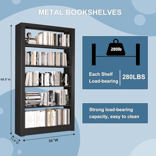 Image of VASAAOSD Metal Bookshelf, 5 Tier Black Bookcase with Adjustable Storage Shelves, 69 inch Tall Book Shelf for Home Office, Bedroom, Library, Living Room, Easy to Assemble