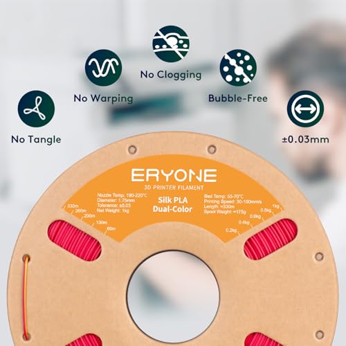 Image of ERYONE Silk Dual Color PLA Filament 3D Printer 1.75mm + /- 0.03mm, Bicolor Filament Two Tone PLA 1KG(2.2lbs) Cardboard Spool, Red Gold