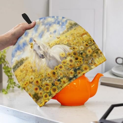 Image of Sunflower Horse Print Handmade Tea Cozy Kitchen Home Decorations Teas Cosy Creative Gifts Tea Cozies for Teapot Keep Warm Double Tnsulated Kettle Cover for Office