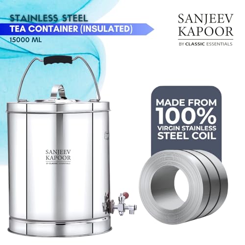 Image of Sanjeev Kapoor by Classic Essentials Stainless Steel Tea Container Liters with Leak Proof Tap | Milk | Soups | Coffee Tea Pot | Eco Friendly Hot & Cold Tea Pot Dispenser (15L)