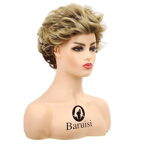 Baruisi Short Fluffy Brown Wigs for Women Natural Looking Synthetic Curly Hair Wig with Bangs