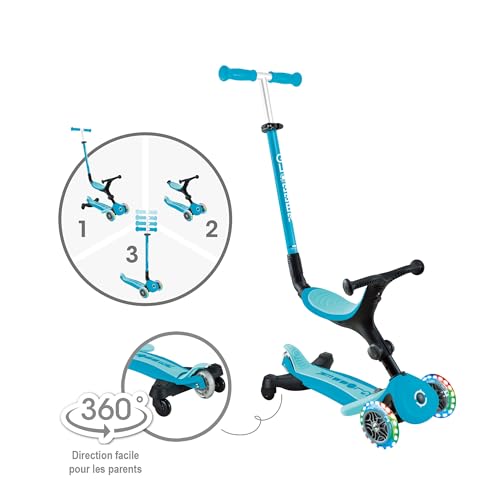 Globber GO•UP Active Lights 360 - Evolution&auml;rer Roller mit um 360&deg; drehbarem Sitz, Fu&szlig;st&uuml;tze, LED-Leuchten und 3 R&auml;dern, f&uuml;r Kinder von 15 Monaten bis 6 Jahren - Aquablau