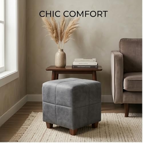 Image of APRODZ Square Printed Ottoman Stool Upholstered Foam Cushioned Pouffes for Living Room | Puffy Muddha Stool for Footrest & Sitting, Velvet Pouf Stool, Furniture for Home Decor, Office Set of 2(Navy)