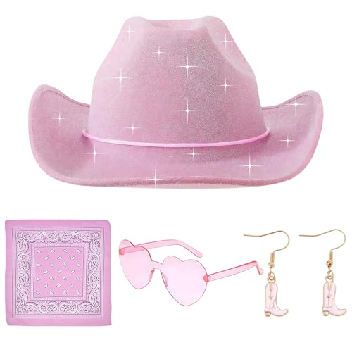 SKIPTHYBER Cowboy Hut Damen 4PCS Cowgirl Hut mit Herzbrille Schal Ohrringe Cowgirl Kostüm Accessoires Damen Cowboy Hut Wilder Westen Kostü...