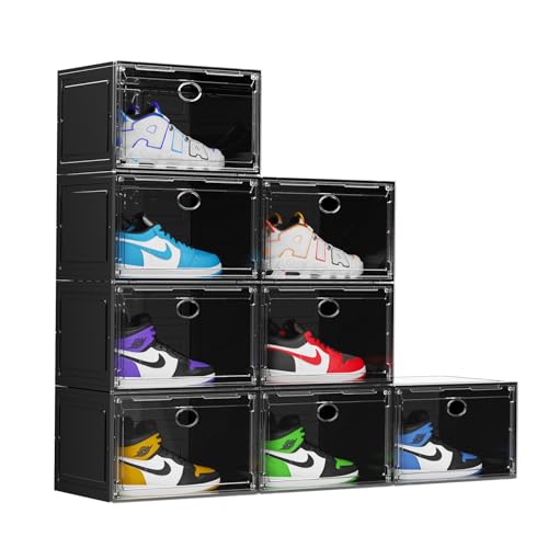 KEFA XL Shoe Storage Box Organizer, 8 Pack Shoe Boxes Clear Plastic Stackable, Sneaker Display Case Container Fit for US 13 (Side 8 PACK BLACK)