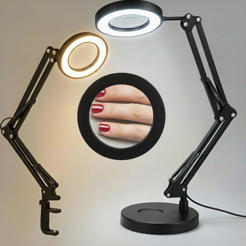 Luminaria De Mesa Com Lupa, Abajur Quarto Com Ajuste De Brilho, Base Pesada, 3 Modos De Cor, Abajur De Mesa Com Garra Multifuncional, Lente De Vidro, Luz Fria, Natural E Quente, 12W