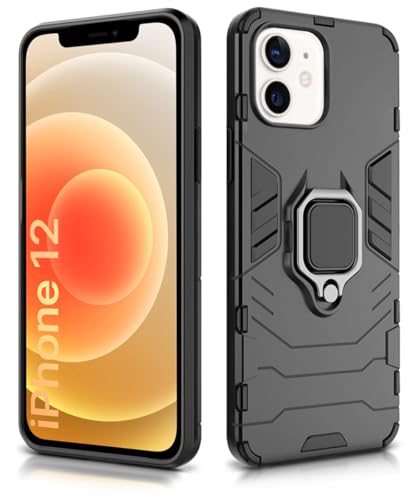 Image of WOW IMAGINE Shock Proof Back Case Mobile Cover for Apple iPhone 12 (Armor | Hybrid PC + TPU | Full Protection with Ring Holder Kickstand | Carbon Black)