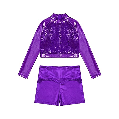 FEESHOW Kids Girls 2 Piece Metallic Ballet Dance Gymnastics Leotard Outfit Yourth Sequins Crop Top with Shorts Set3