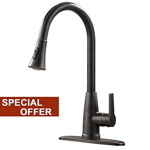 Lead-free Antique Stainless Steel Single Handle Single Lever Pull Out Pull Down Sprayer Oil Rubbed Bronze Kitchen Sink Faucet, Kitchen Faucet with Deck Plate