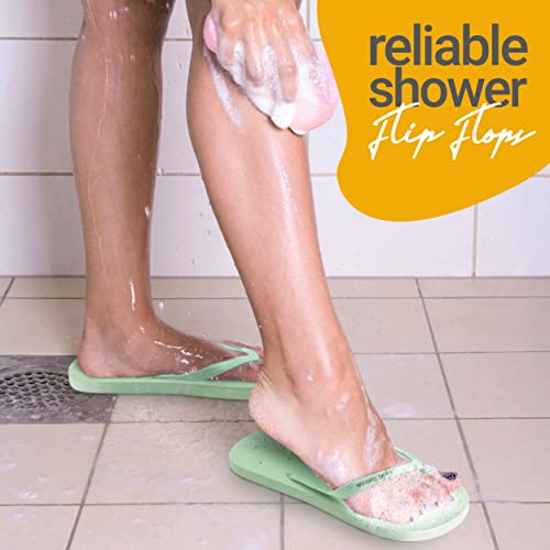 Image of Shower Shoez Womens Non-Slip Flip Flops with Drain Holes Protect Your Feet from Dirty Surfaces Slip-Resistant Soles, Quick-Drying, Lightweight Ideal for Gyms, Dorms, Pools (Soft Sage, 7-8)
