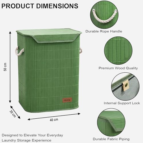 Image of Amazon Brand - Umi Rectangle Bamboo Laundry Basket for Clothes with Lid Strap Lock | Eco-Friendly, Foldable & Lightweight Organizer (Green, 40x30x50 cm, Pack of 1)