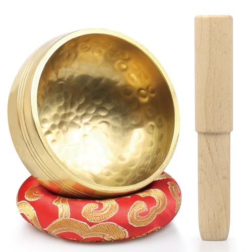 Zhiwei Juego De Cuencos Tibetano–8cm Cuenco Tibetano Con Mazo Y Cojín De Seda, Herramientas para Espacios de Bienestar y Terapia de Yoga, Instrumentos para Aliviar el Estrés (Golden)