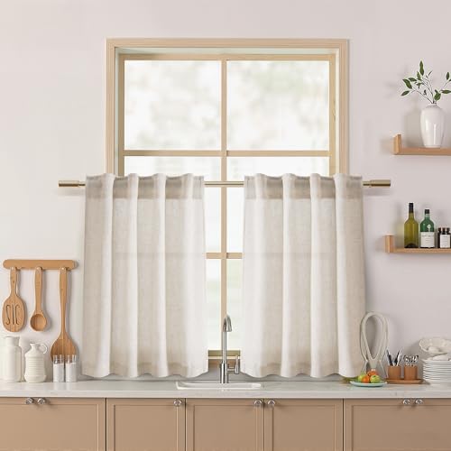 Image of Nanspring 30 Inch Beige Curtains for Kitchen Linen Blend Rustic Farmhouse Short Curtain Back Tab and Rod Pocket Semi Sheer Curtains for Cafe Bathroom Small Window 26 x 30 Inch, 2 Panels
