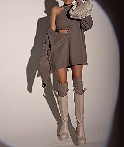 Image of ECDAHICC Women's Two Piece Outfits Knitted Halter Neck Crop Tank Tops and Oversized Off Shoulder Deep V Neck Pullover Sweater