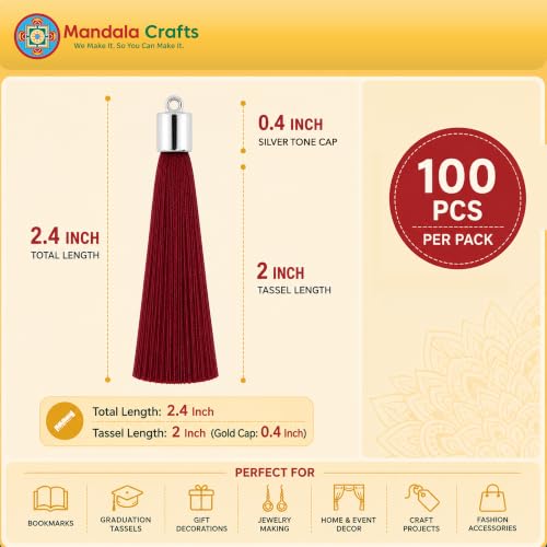 Image of Mandala Crafts Small Silver Tone Cap Maroon Bookmark Tassels with Loops