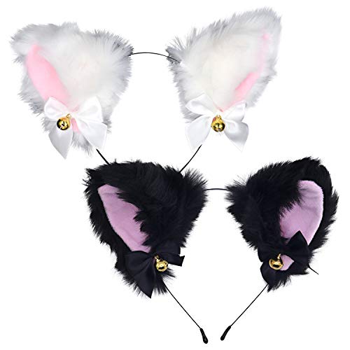 KRISMYA Cat Ears Headband with Bells Bows Halloween Cosplay Girl Plush Furry Cat Ears Headwear Accessory Fancy Dress Cat Ear Hairband for Girl Costume Party(2 Packï¼‰