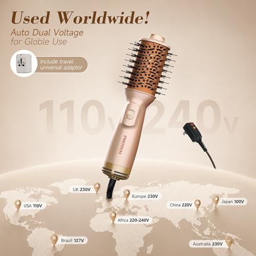 Image of PRITECH Auto Dual Voltage Hair Dryer Brush for Travel,Ionic Hair Styler | 110-240V Mini Hot Air Brush,Blow Dryer Brush in one,Volumizer Straightener Curler,Compact Lightweight Portable,Champagne Gold
