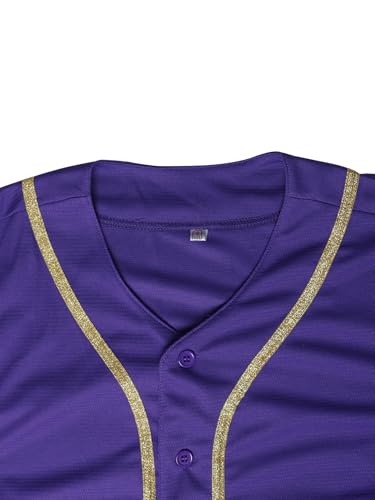 Camiseta de béisbol básica para hombre, botones, manga corta, uniforme deportivo, estilo hipster hip hop (Púrpura-cinta dorada-L) miniatura 4