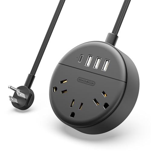 Flat Plug Power Strip with USB Ports, NTONPOWER Nightstand Desktop Charging Station with 5ft Extension Cord, Wall Mount with 3 Outlet 4 USB(1 USB C), Small Size for Travel Home Office Dorm Room, Black
