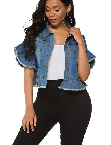 Image of Suvimuga Women's Denim Jacket Button Down Distressed Ruffle Sleeve Crop Jean Jackets Coat