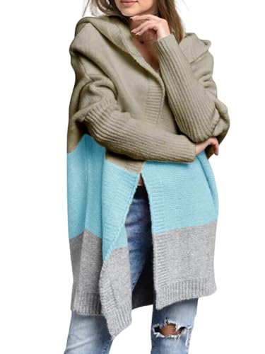 Image of Women's Oversized Hooded Cardigan Color Block Open Front Sweater Chunky Knit Long Coatigan Coat