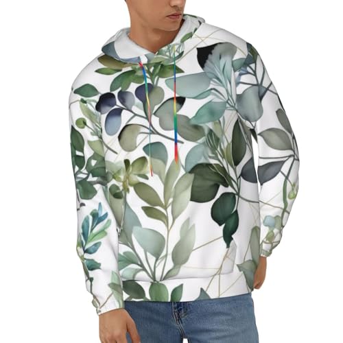 Mens Hoodie Pullover Casual Long Sleeve Drawstring Top Green Eucalyptus Leaves Print Hooded Sweatshirt With Pocket2