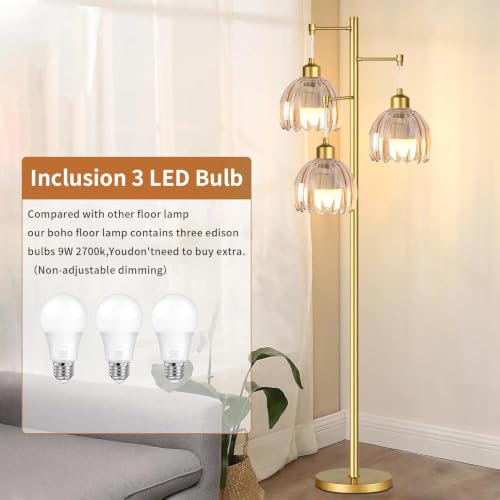 Image of QIYIZM Gold Floor Lamp for Living Room,Bedroom,Tree 3 Light Standing Lamp Mid Century Modern Brass Tall Floor Lamps Vintage Retro Floor Lights Glass Flower Amber Lamp Shade Farmhouse Boho Bohemian