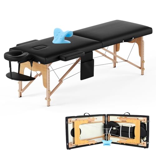 Gaussen Portable Massage Table w/Neck Stretcher, 84 inch Sturdy Foldable Massage Bed Tattoo Table Adjustable Lash Bed Esthetician for Beauty Tattoo (Wood, Black-2 Folding)