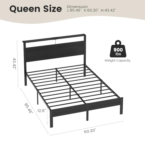 Image of Queen Size Bed Frame with LED Lights and Charging Station Headboard | Black Metal Platform Bed, Storage Shelf, USB+Type C, Noise Free, No Box Spring Needed, Easy Assembly