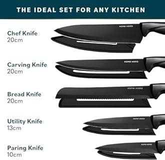 Home Hero Ultra-Sharp Stainless Steel Kitchen Knife Set - Chef Knives Set (5 Knives, 5 Sheath, Sharpener - Black)