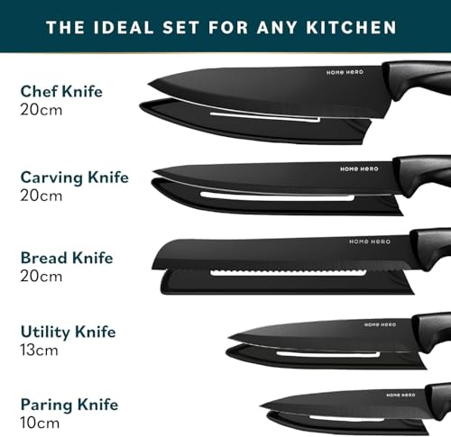 Home Hero Ultra-Sharp Stainless Steel Kitchen Knife Set - Chef Knives Set (5 Knives, 5 Sheath, Sharpener - Black) - Image 3