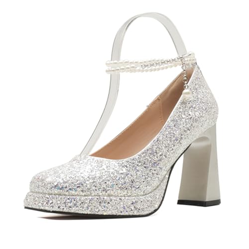 Women's Shiny Sequin Platform Chunky Heel Pumps Fashion Pearl Ankle Strap Square Closed Toe High Heel Dress Shoes for Wedding Evening Dating