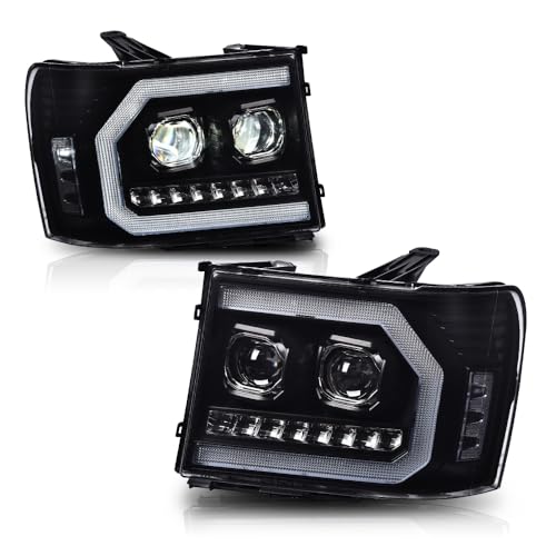 GRAND ORANGE LED Headlights Assembly Compatible with GMC Sierra 1500 2007-2013 /Fit for GMC Sierra 2500HD 3500HD 07-14 LH & RH Headlamps Clear Lens Black Housing White reflector 20980241 20980242