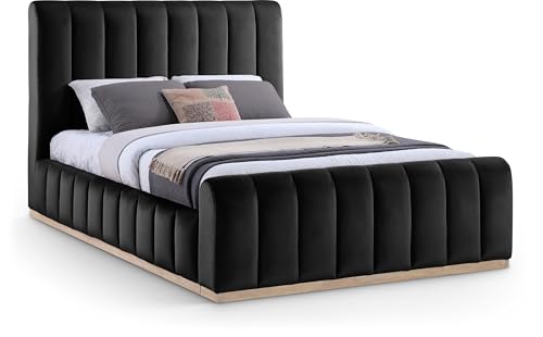 Image of Meridian Furniture AmaraBlack-Q Collection Modern | Contemporary Queen Bed, Ultra Luxe Black 460 GSM Velvet, Natural Finish, Solid Wood Base and Inner Frame, 66.5 inch W x 99 inch D x 51 inch H, Black, Queen