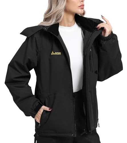 Mnking Skijacke Softshelljacke Damen Wasserdicht Regenjacke Winterjacke Funktionsjacke Winddicht Winter Warm Gefüttert Outdoorjacke mit Kapuze CFY226W-Black-L