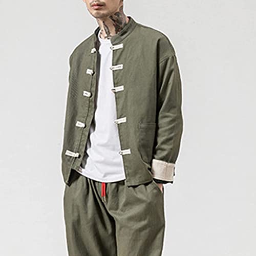 JEKE-DG Men Kung Fu Jacket Linen Tang Suits Chinese Traditional Tai Chi Clothes Mandarin Frog-Button Shirts Disc Buckle Coat (Medium,Green)4