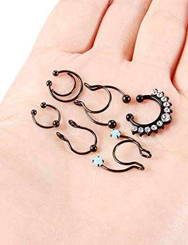 Goerhsjie Fake Nose Ring Fake Septum Clip On Faux Non Piercing Lip Ear Nose Hoop Rings Stainless Steel Body Piercing Jewelry For Women Men Girls Silver Rose Gold Black Rainbow Mix-Colors #TOP2
