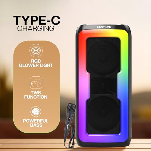 Image of GIZMORE MS530 Play 30W with Karaoke Wired Mic BT Speaker|6HOUR Play Time|Loud & Clear Stereo Sound|Vivid RGB Lights|BT /USB /SD Card Playback, Portable & Type C Fast Charging (Black)