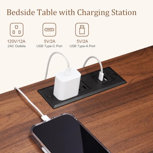Image of LYNCOHOME 17.7 inch Tall Nightstand with Charging Station,Set of 2, Walnut