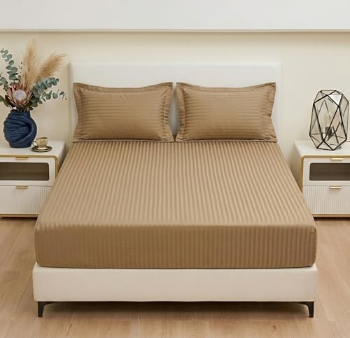 Image of BSB HOME 210 TC Cotton Fitted Bedsheet with 2 Pillow Covers, Soft Breathable Fabric, Elastic All Around, Wrinkle Resistant, King Size Bed Sheet Set - 72 x 78 + 10 Inches (Taupe)