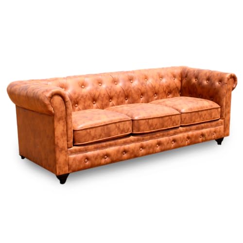 Solycarpa Sofá Chésterfield de Cuero Marrón, 3 de Plazas. Elegante, Clásico y de Calidad, Diseño Vintage Sofisticado para Salón, Eventos y Hogar.